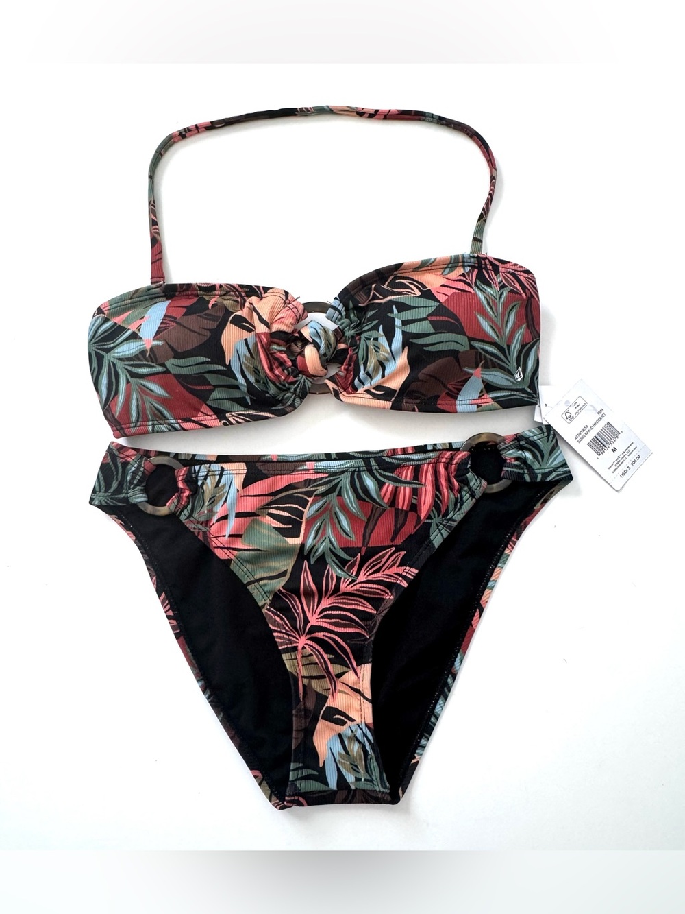NWT Volcom Two-Piece Bandeau Bikini Set Tropical Floral Print with Ring Accents